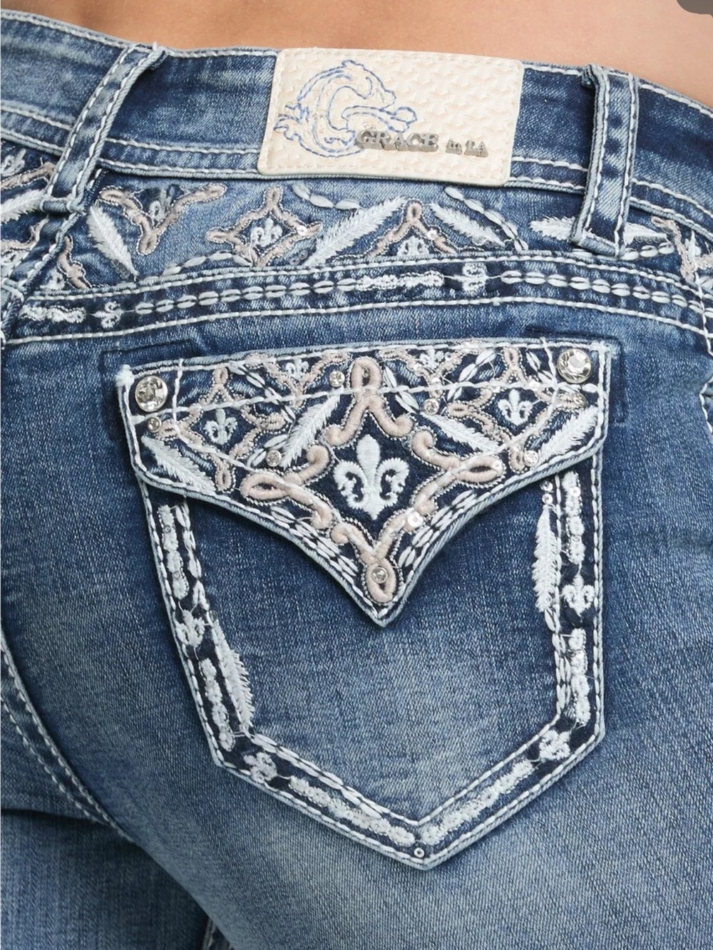 Grace in la Women’s Embroidered Back-Pocket Blue Jeans - Picture 2 of 4
